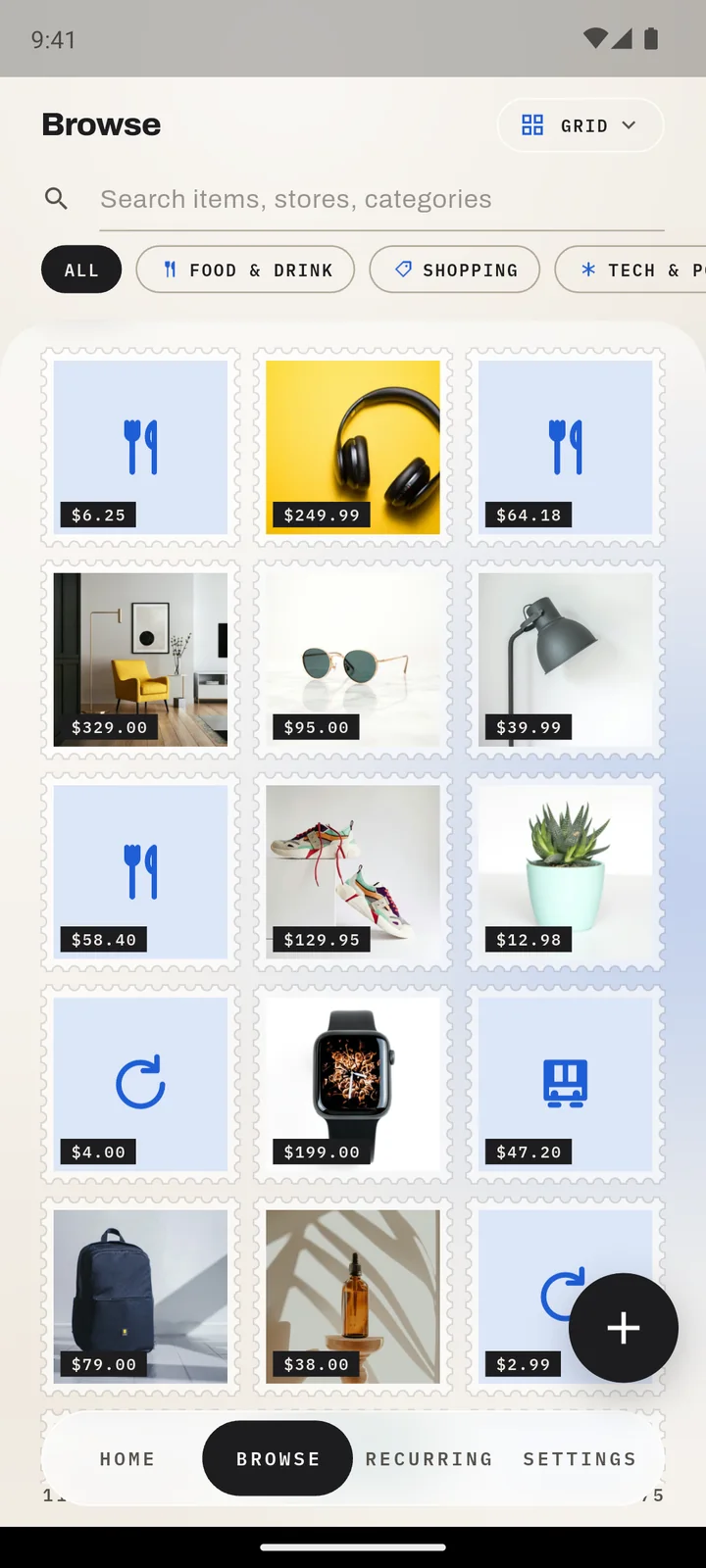 Browse in grid view, Frost theme: photos of recent buys with prices
