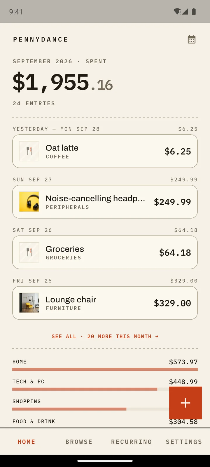 Pennydance Home in the Bright theme — no ads anywhere