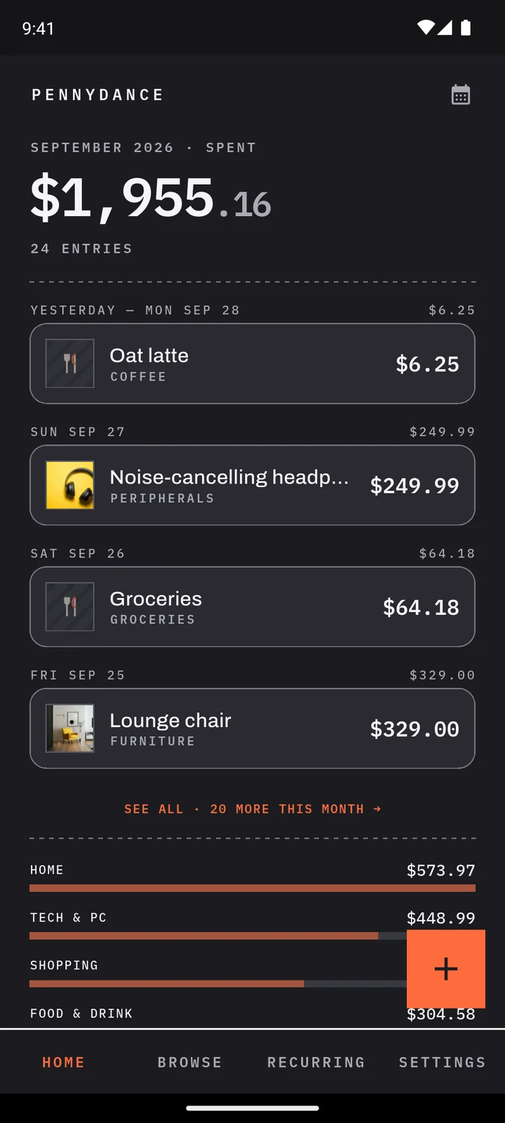 Home screen, Night theme: $1,955.16 spent in September, no ads anywhere