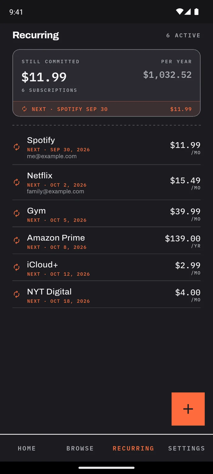 Recurring screen: six subscriptions, Spotify next on Sep 30
